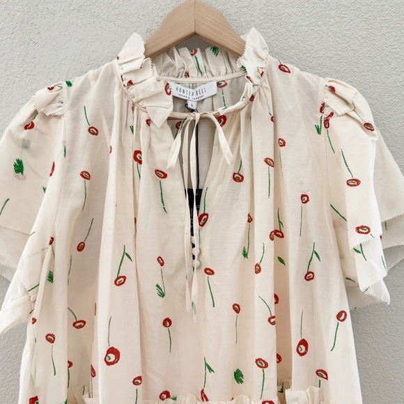 Hunter Bell Merritt Mini Dress Cream Cotton Silk Tiered Flutter Feminine L NWT - Picture 7 of 14